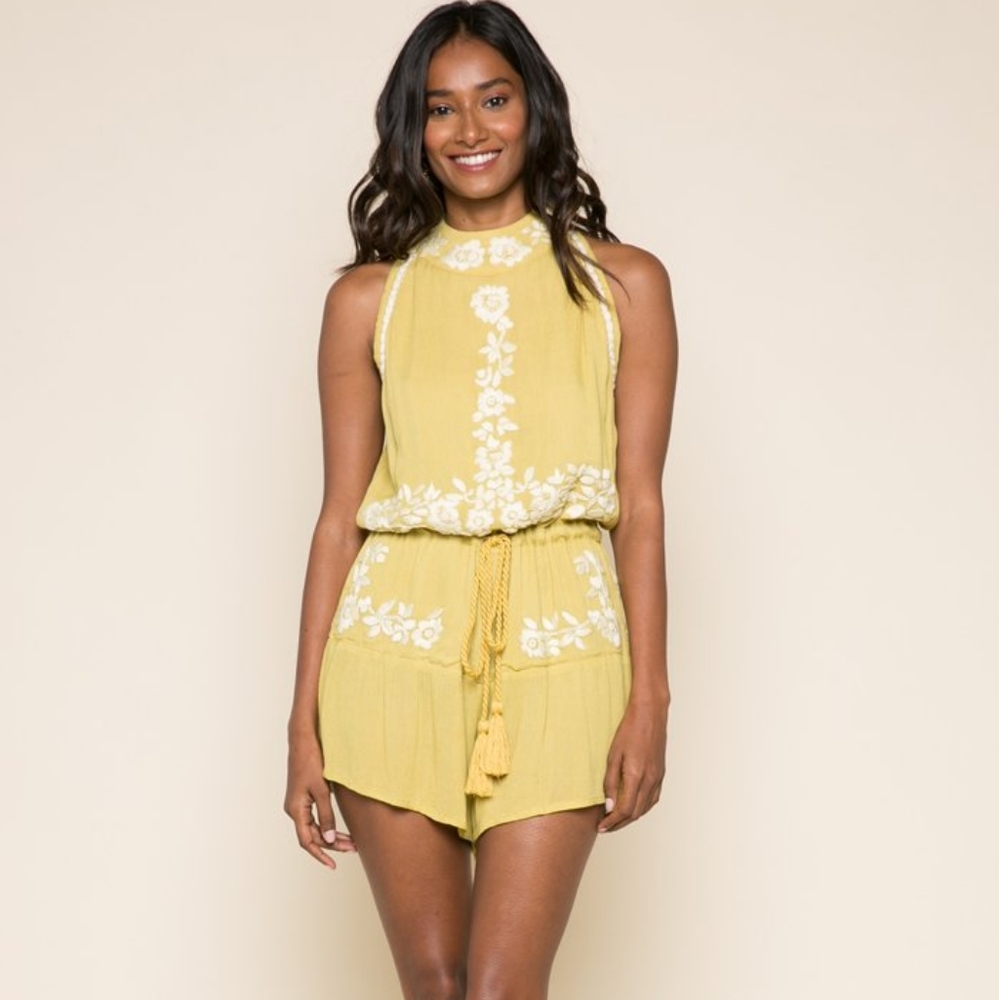 Anthropologie RAGA embroidered open back HIGH NECK ROMPER Sz S